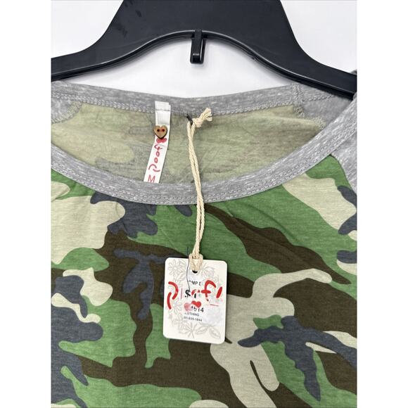 Poof Camo Raglan Shirt Womens Medium Long Sleeve Green Gray NWT - Picture 2 of 4